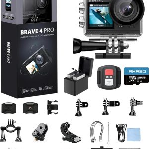 AKASO Brave 4 Pro 4K30 Action Camera with 128GB MicroSD U3 Card, 131FT Underwater Waterproof Camera EIS Touch Screen Remote Control with 2x1350mAh Batteries and Helmet Accessories Kit Bundle